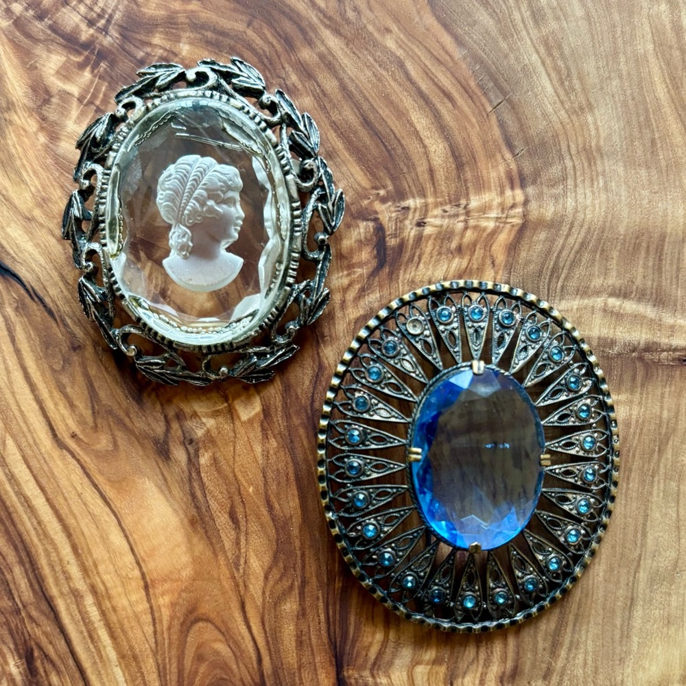 Vintage Brooch Duo — Classic Cameo & Blue Statement Pin Set - Picture 2 of 5